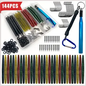 144pcs Wacky Worms Kit, Fishing Accessories, Bionic Soft Worms for Bass Trout Fishing, Includes Tackle Box, Perfect Gift for Anglers