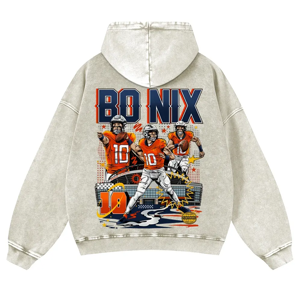 Bo Nix #10 Broncos & Lions Casual Washed Hoodie | Dual College-Pro QB Gear, Orange Blue & Honolulu Blue Pride, Retro Washed Rising Star Vibe