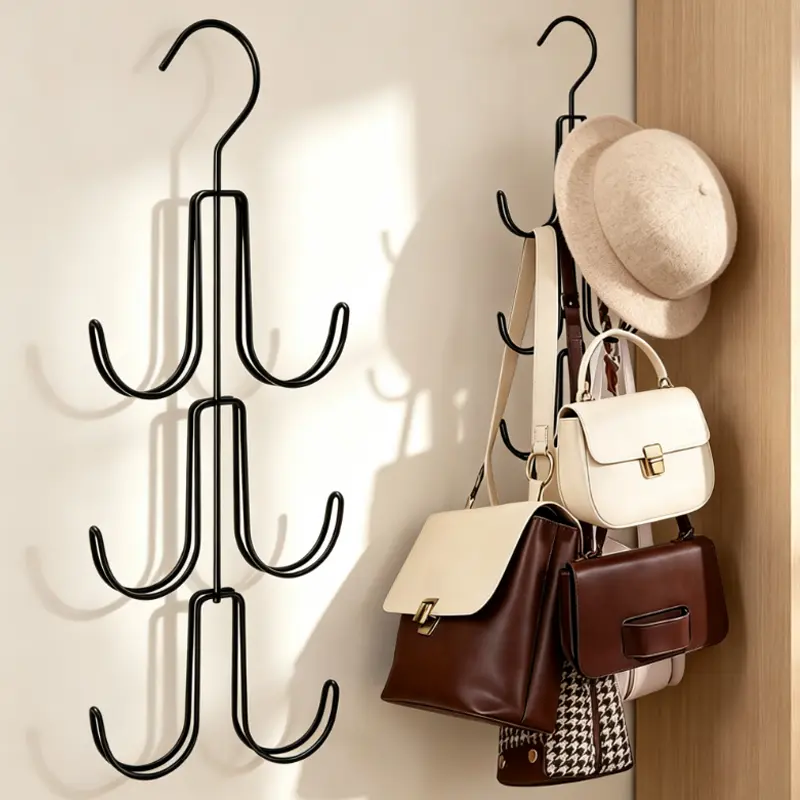 1 Pc Black Metal Purse Hanger Organizer, Multi Hooks Closet Handbag Storage Rack, Space Saving Bag Holde，Closet Rack for Purses, Hats, Belts & Scarvesr for Hats Scarves Backpacks，Vertical Bag Storage Rack for Wardrobe Accessories，Space Saving Hanger