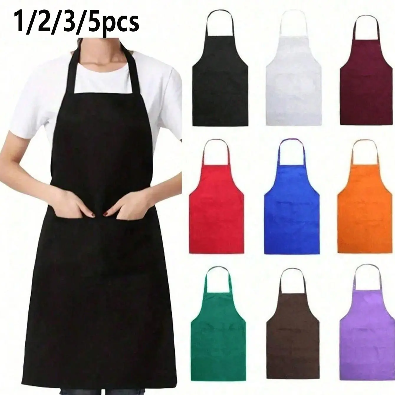 1/2/3/5pcs Women's Polyester Apron Set, Simple Aprons with Pockets, Thick Waistband, Fashion Home Kitchen Workwear, Kitchen Essentials, Kitchen Cooking Aprons