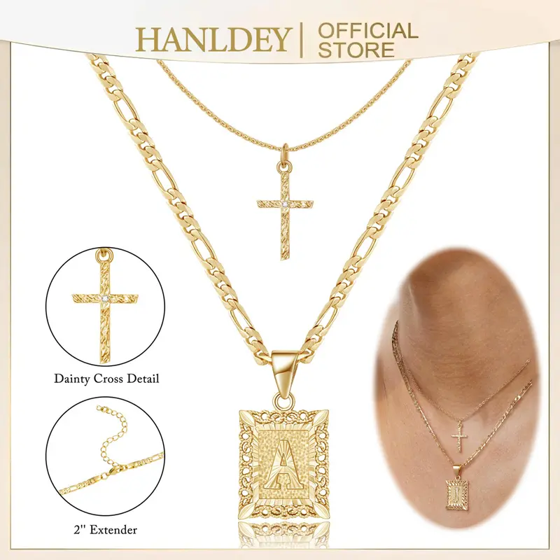 Women's 14K Gold Plated Square Initial Alphabet Letter Pendant Cross Choker Necklace - Faith Cross Design, Chains Necklace, Gold Costume Jewelry for Daily Wear, Anniversary Birthday Christmas Gift