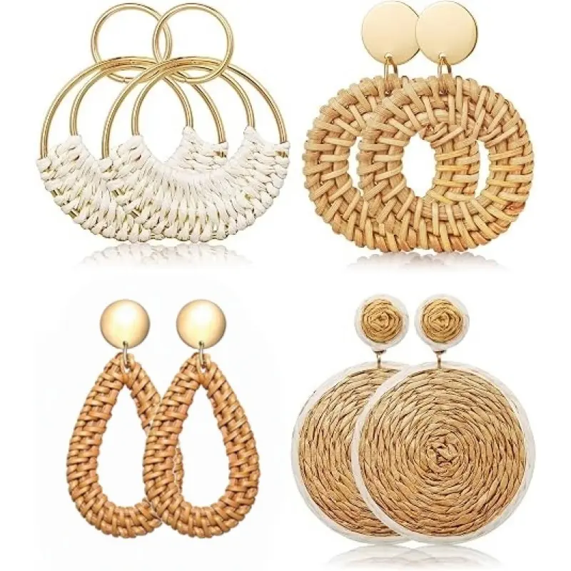 8Pcs Handmade Raffia Rattan Earring Set for Women, Bohemian Round Drop Dangle Earrings, Stylish Boho Statement Hoop Accessories