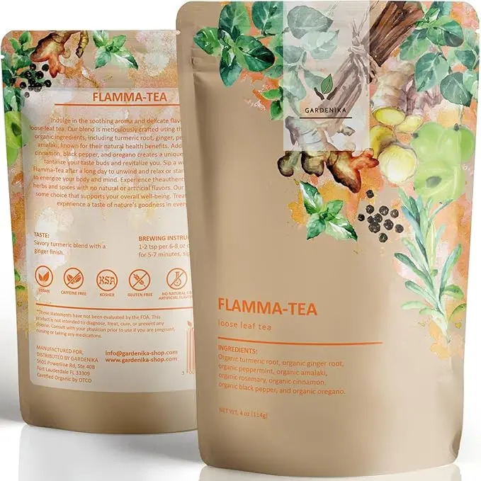 Gardenika Organic Flamma-tea Loose Leaf Tea | Premium Turmeric Ginger Blend with Cinnamon, Peppermint & Black Pepper | 100% Natural, Caffeine Free Herbal Wellness Tea | 4oz (113g)