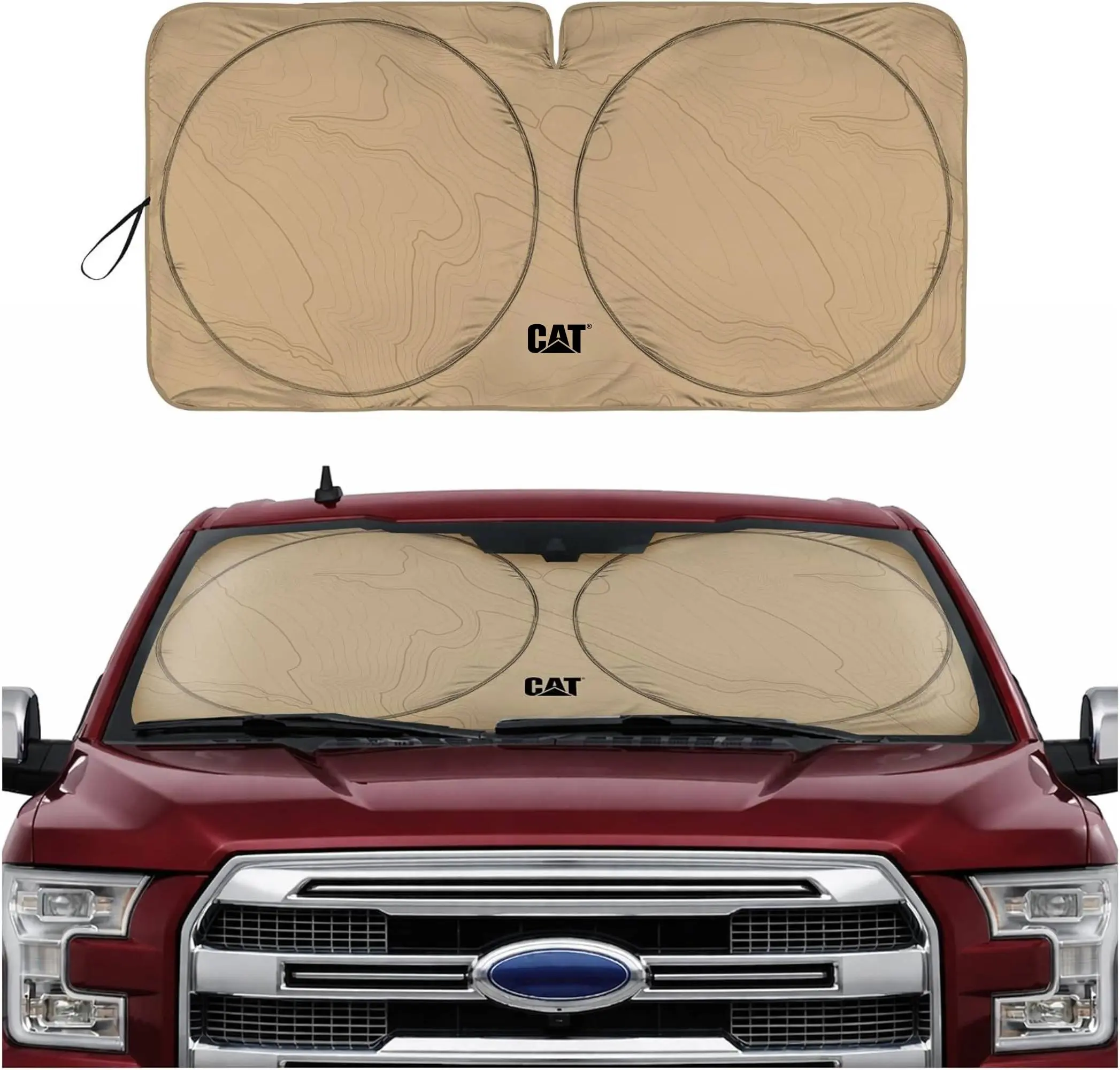 CAT Windshield Sun Shade for Trucks -  Beige XL Jumbo Foldable Sunshade for Truck Cab Interior Protection, UV Heat Blocker, Sun Shield, Heavy-Duty Truck Accessories, Keeps Cab Cool