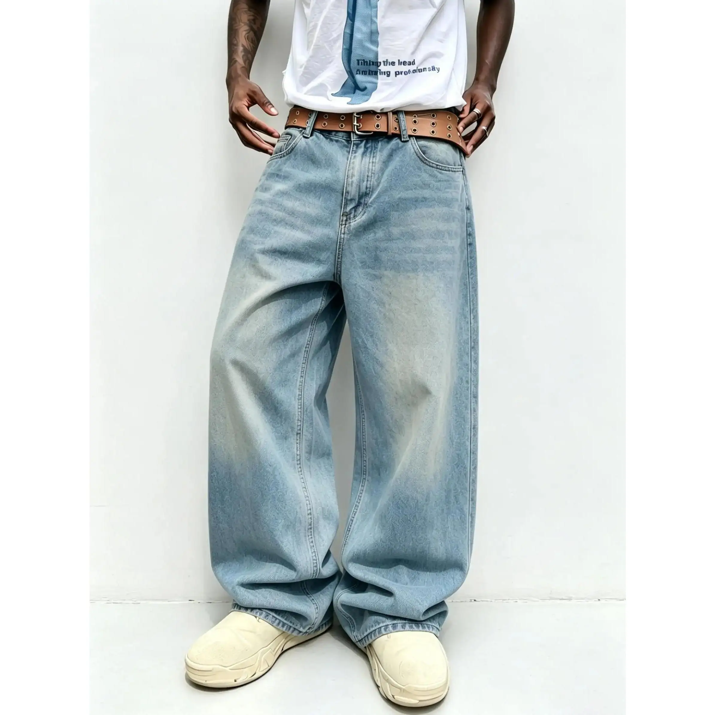 Men’s summer lightweight vintage light-wash loose jeans - mid-rise wide-leg trendy jeans suitable for streetwear, comfortable and non-see-through, light-wash wide-leg street pants Trouser Denim Pocket Denim Plain