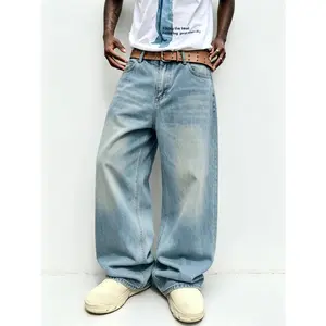 Men’s summer lightweight vintage light-wash loose jeans - mid-rise wide-leg trendy jeans suitable for streetwear, comfortable and non-see-through, light-wash wide-leg street pants Trouser Denim Pocket Denim Plain