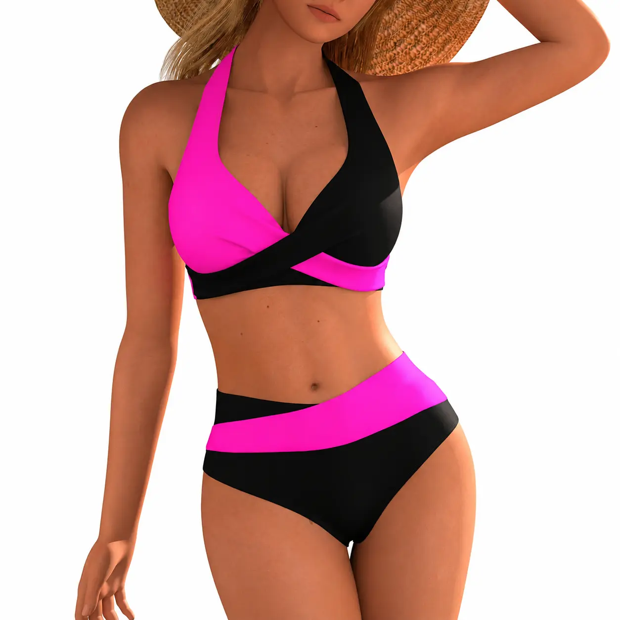 Women's 2-Piece Color-Block  Set - Multi-Size, Sexy Lace-Up Wireless Halter Top, Adjustable Tie-Back, Vibrant Retro  Plaid Print, Modest Bohemian Silk Flower Panty, Beach Swimwear,   Bottom, Halter Neck Halter Neck Bikini Halter Swimsuit