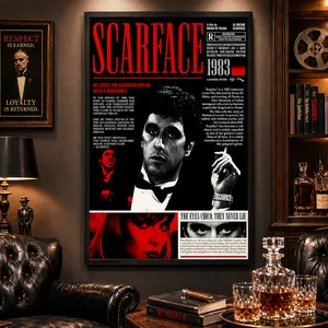 Scarface Movie Canvas Wall Art Poster,Framed Man Cave, Bar, Office, Bedroom & Gaming Room Decor, Retro Aesthetic Poster for Movie Fans & Collectors