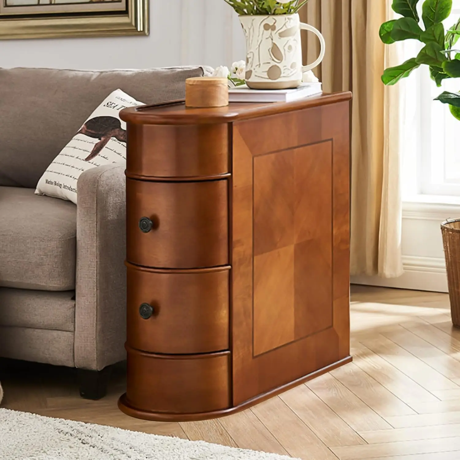 Tribesigns Solid Wood End Table - 2-Drawer Narrow Solid Side Table (Walnut)   , Space Saving End Table