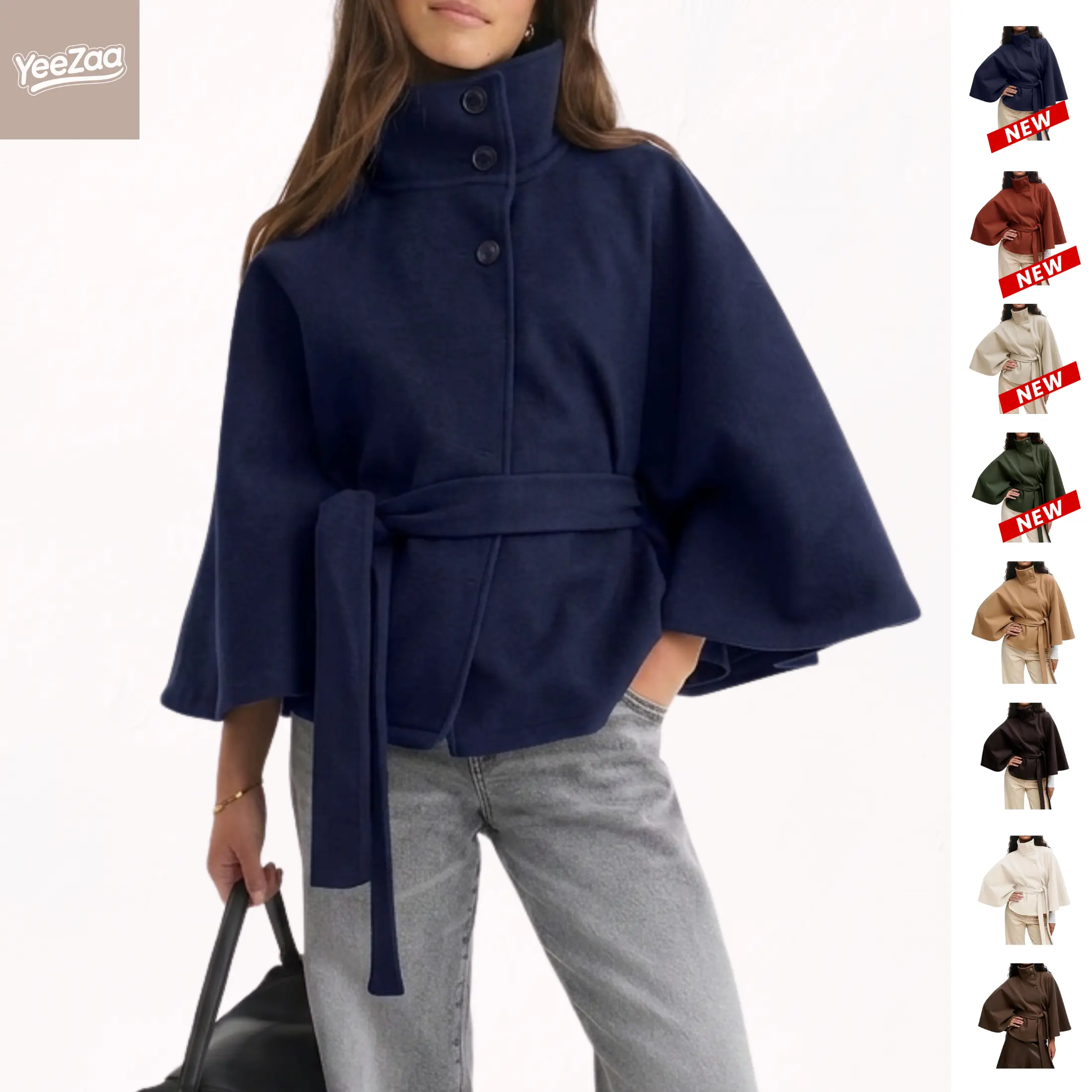 YeeZaa Belt Cape Jacket For Women Black Friday Poncho Pea Coat Wool Blend Old Money Oversized Belted Stand Collar Cropped Jacket, Quiet Luxury Elegant Batwing Sleeve Casual Fall Winter Outerwear