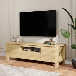 Gaomon 55" Farmhouse TV Console Entertainment Center - Natural Wood Finish, Grain Texture, Cable Holes, Reinforced Frame, Wood Legs, Cabinet with Doors, Fits Up to 60" TVs for Living Room, Bedroom