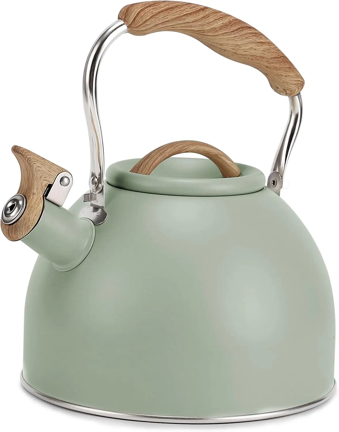 Vegoran Whistling Tea Kettle - 100 OZ/3 L Food Grade Stainless Steel Stove Top Kettle with Wooden Pattern Folding Handle, Thermal Lid, Loud Whistle, Ideal for Serving Tea, Coffee (Green, Kitchen Jugs Category)