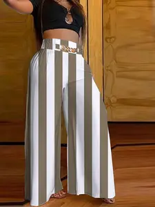 Women's Striped Print Chain Decor Wide Leg Pants, Casual Comfy High Waist Trousers for Spring & Fall, Women's Bottoms for Daily Wear, Womenswear