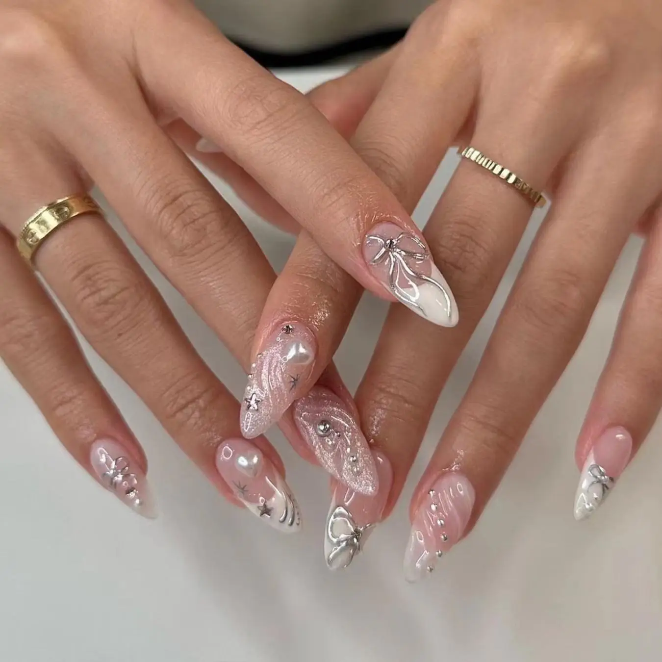Buy 10 Get 5 Free! [Machine-Made] 24pcs Press-On Nails with Rhinestones & Flowers – French Style Glue-On Nails for Women & Girls Acrylic Gel System Fu