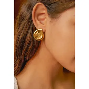 18K Gold Plated Stainless Steel Thick Conch Spiral Shaped Stud Earring for Women