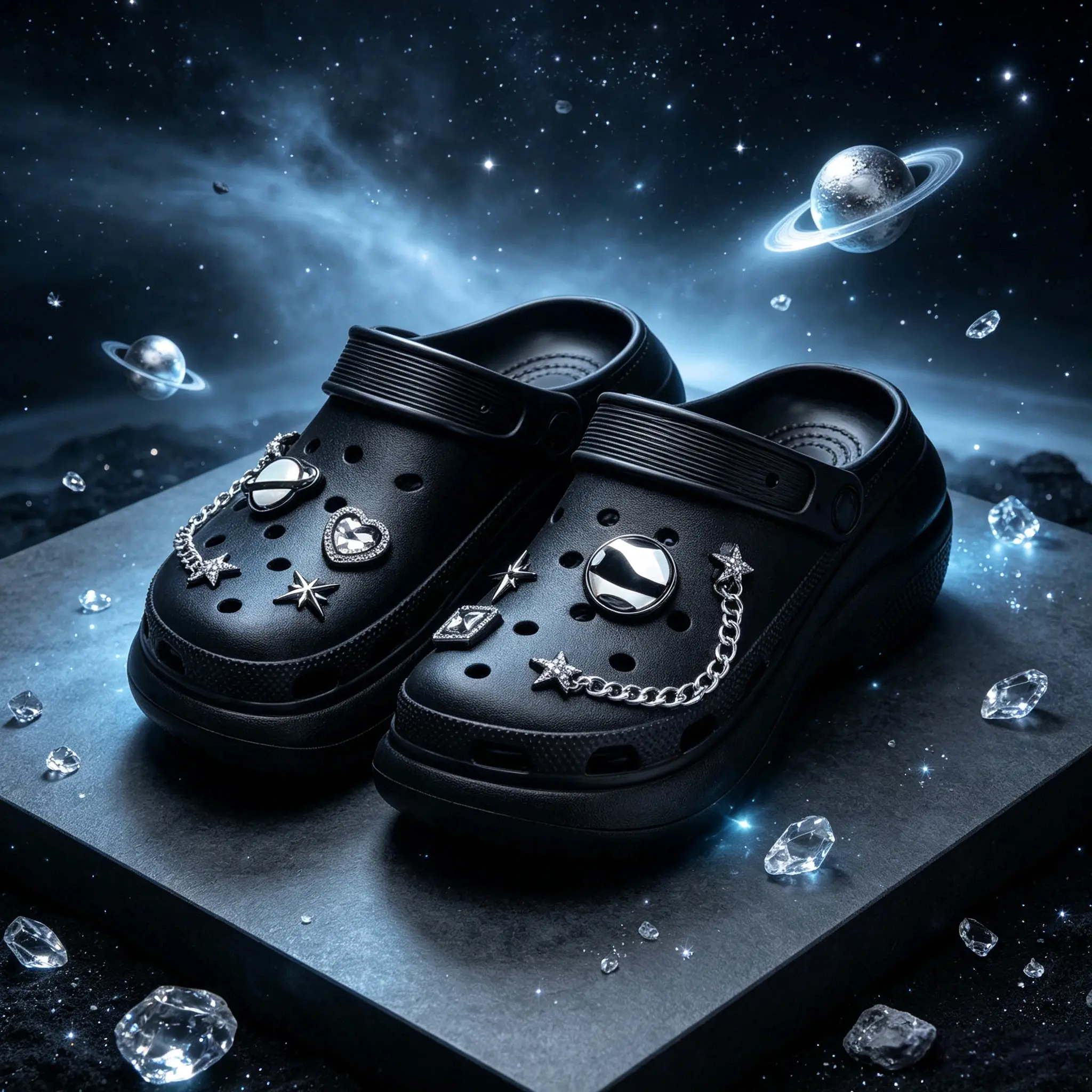 8-piece black luxury starry planet chain shoe decoration set for clogs, romantic space-themed DIY decoration, suitable for clogs, slippers, etc., versatile, can decorate shoes, cute party gifts, shoes not included.
