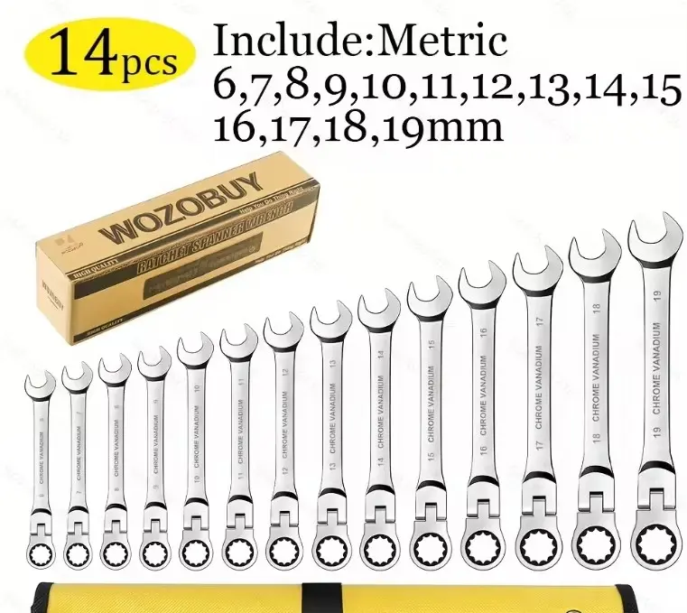 Multi-Purpose Ratchet Wrench Set,14 pieces, 6-19mm ratchet combination wrench, Allen wrench, made of chrome vanadium steel, nickel plated, includes storage bag. Ratcheting Metric