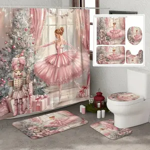 1/4pc Christmas Ballet Shower Curtain Set, Nutcracker Design - Luxurious Pink, includes a non-slip bathroom mat and toilet seat cover. Perfect for bathroom decoration, partitioning, and beautifying the space. Bathroom decoration accessories