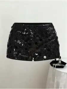 Rock-style women's black sequined punk mini shorts, sexy low-rise cropped style, perfect for summer beaches, graduation ceremonies, Easter concerts, Nashville vacations, and music festivals, Glitter Sequins Shorts