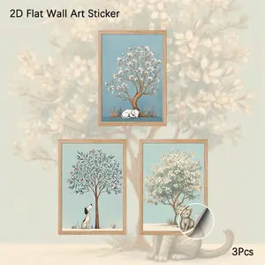 2D Flat Wall Art, 3Pcs PVC Self-Adhesive Framed Wallpaper Sticker, Cute Tree Dog Cat Illustration Wall Decals, Aesthetic Whimsical Pet Art Wall Decor for Living Room, Bedroom, Nursery, Perfect Gift for Pet Lovers, Kids Room Decor Fans