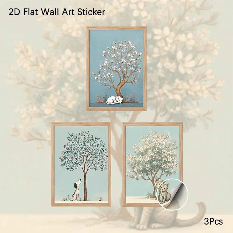 2D Flat Wall Art, 3Pcs PVC Self-Adhesive Framed Wallpaper Sticker, Cute Tree Dog Cat Illustration Wall Decals, Aesthetic Whimsical Pet Art Wall Decor for Living Room, Bedroom, Nursery, Perfect Gift for Pet Lovers, Kids Room Decor Fans