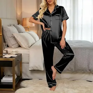 Women's Silk Satin Pajamas Set - Short Sleeve Button Down Sleepwear Soft Comfortable Loungewear Pjs Set for Nightwear Relaxing at Home Elegant and Breathable Ladies Sleepwear