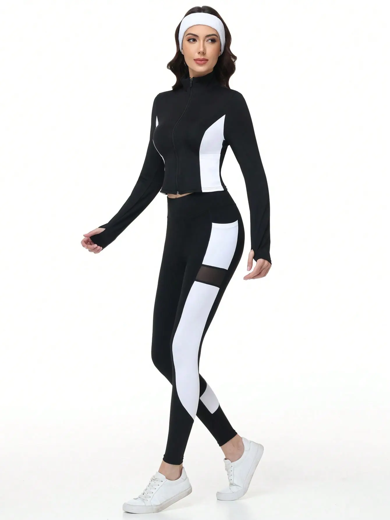 SHECAI Women 2 Piece Color Block Workout Tracksuit 4 Pockets Zip Up Thumb Hole Crop Jacket High Waist Mesh Pocket Leggings Matching Yoga Sport Set