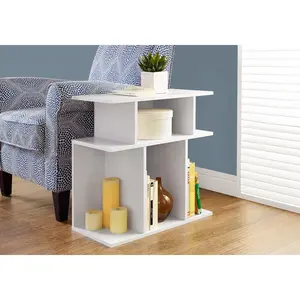 Modern white three tier side table and end table with 6 open storage shelves can be used as living room sofa console table or bedroom nightstand