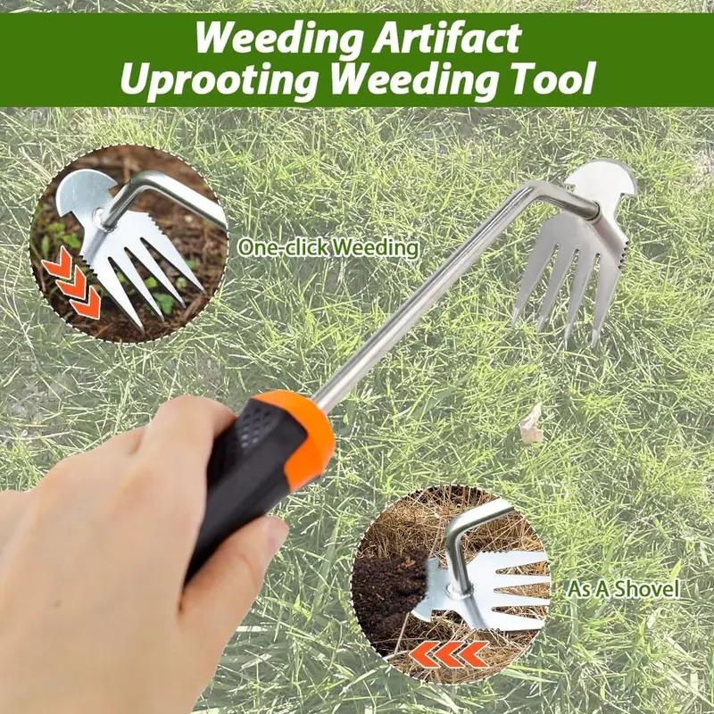Weed Puller Tool 4 Teeth Manganese Steel Ergonomic Rubber Handle Portable Garden Weeder Tool for Vegetable Gardening Farm Planting Gifts