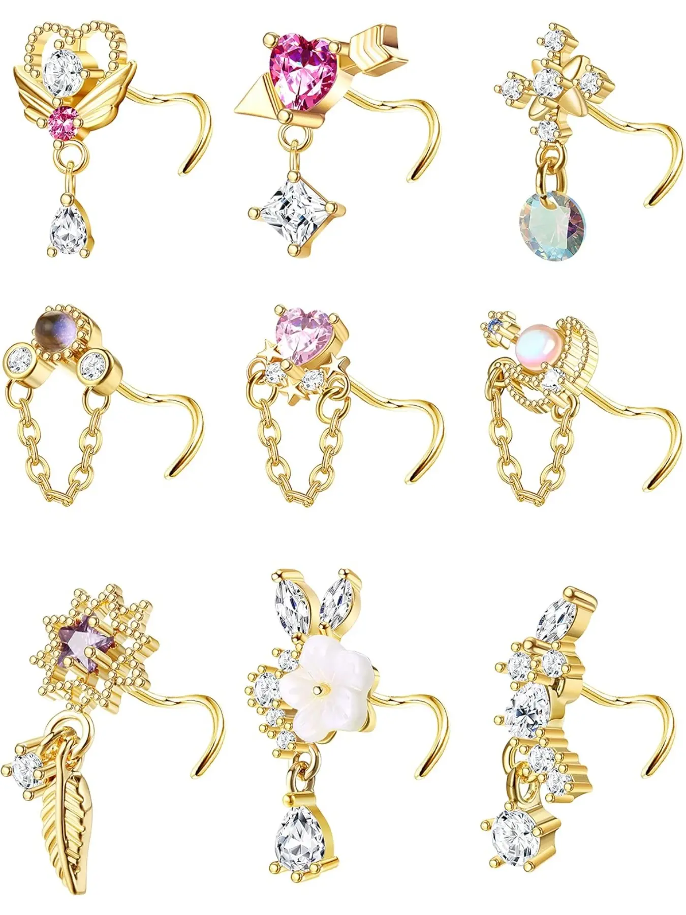 9 Pcs 20G Dangly Nose Ring Dangle Nose Rings Hoops Studs Body Piercings Set for Women Stainless Steel L Shaped Nose Studs Heart Arrow Feather Snowflake Wing CZ Dangling Nose Piercing Jewelry