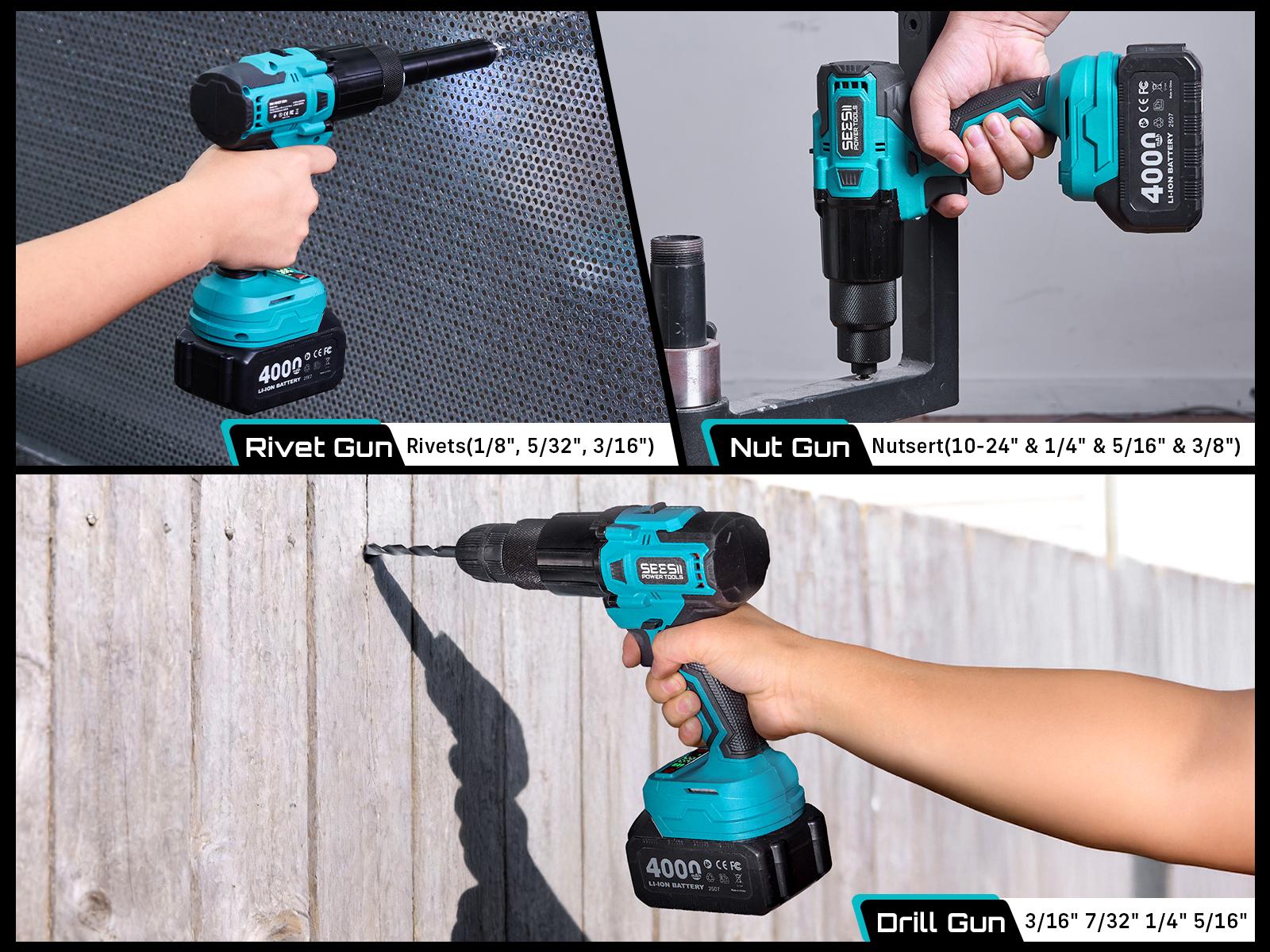 2-in-1 Cordless Electric Rivet/Nut Gun Tool for Nutsert(10-24" & 1/4" & 5/16" & 3/8"),Rivets(1/8'', 5/32'', 3/16"), Portable Battery Powered Pop Rivet/Nut Gun, Auto/Manual Rivet, Two Memory Modes