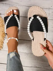 Summer New Women's One-Strap Flat Sandals with Bead Decoration, Comfortable Beach Flip-Flops for Casual Home and Walking, Lightweight Sandal
