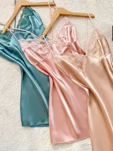 Women's Embroidered Lace Trim Adjustable Sexy Spaghetti Sleeveless Sleepwear Set Loungewear, Silky Tempting Three-Piece Nightgown, Comfortable Fashion Sleeping Clothes