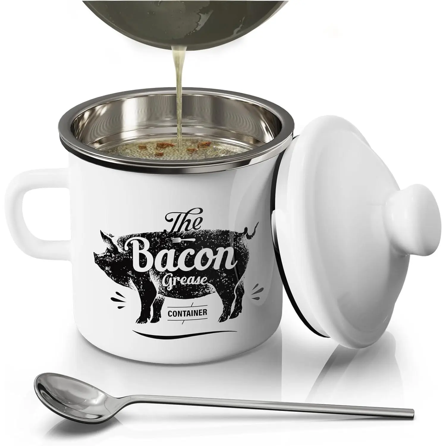 Mini Bacon  Container With Strainer - 15OZ Enamel  Saver, Farmhouse Bacon  Keeper For Kitchen  Storage, Dishwasher Safe-White