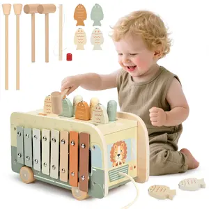 JOYREAL Montessori Wooden Hammering Pounding Toys 7 in 1 Activity Toy with Xylophone Fishing Game for Toddlers First Christmas Birthday Gifts