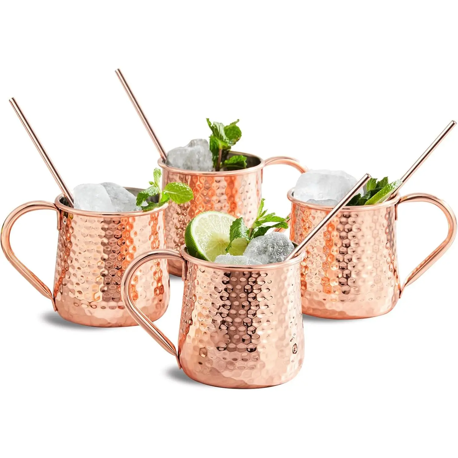 Moscow Mule Mugs Set of 4, 18 oz Reusable Hammered Copper Mugs with Straws, 18/8 Stainless Steel Lined Washable Dishwasher Safe Barware for Chilled Cocktails
