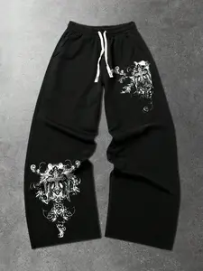 Men's Gothic Skull & Cross Print Leggings, Y2K Street Style, Dark Aesthetic Long Pants, Comfortable Drawstring Sweatpants
