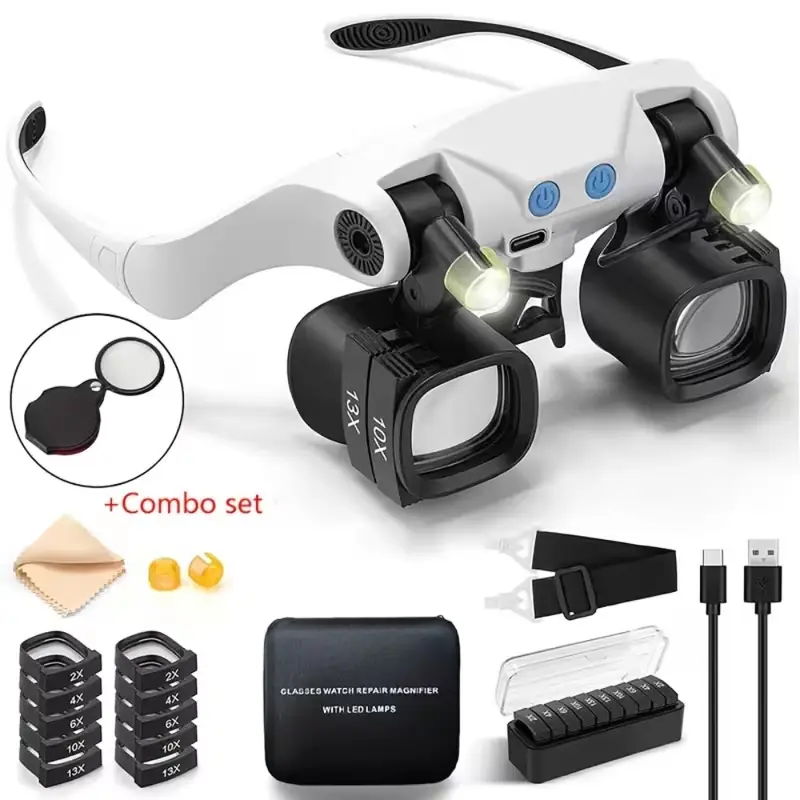 Magnifying Glasses with Light, 2-23X Adjustable Magnifying Glasses for Close Work, 5 Interchangeable Lens Sets (2X/4X/6X/10X/13X) for Electronics Repair, Watchmaking, Crafts, Sewing, Jewelry