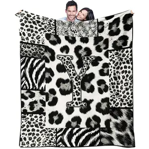Leopard Print Letter Blanket, Black and White Animal Print Monogram Decorative Blanket, Soft and Comfortable Flannel Blanket, Suitable for Sofas and Beds, a Personalized Gift for Animal Print Lovers