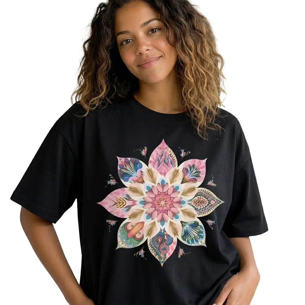 Pastel Mandala Graphic Tee Women Boho Floral Shirt Plus Size