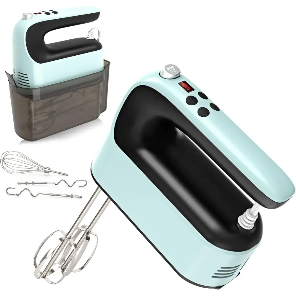 Ocean Blue 400W Powerful DC Motor Digital Control Kitchen Electric Hand Mixer for Baking Enthusiasts - 9-Speed, Touch Button, Turbo Boost, Snap-On Storage Case, Dough Hooks, Whisk
