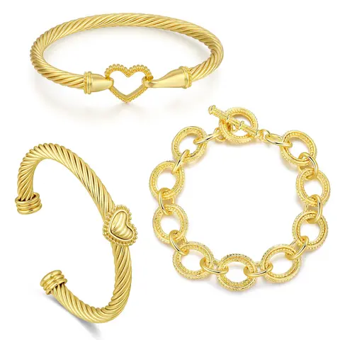 Aprilery 3-Piece Golden Tone Bracelet Set for Women, Stackable Fashionable Jewelry with Heart Cuff, Textured Bangle & Link Chain, Fashionable Jewelry Set, Trendy Jewelry Set