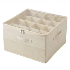 Off White Fabric Shoe Storage Box with 16-Grid Clear PVC Top, Foldable Space-Saving Organizer for Closet, Bedroom Home Essentials