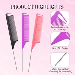 3 Counts Rat Tail Combs with Hook - Professional Fine Tooth Combs for Hair Styling, Parting, and Sectioning - for Home Hair Styling Routines Hair Care Tool Detangling Hairbrush