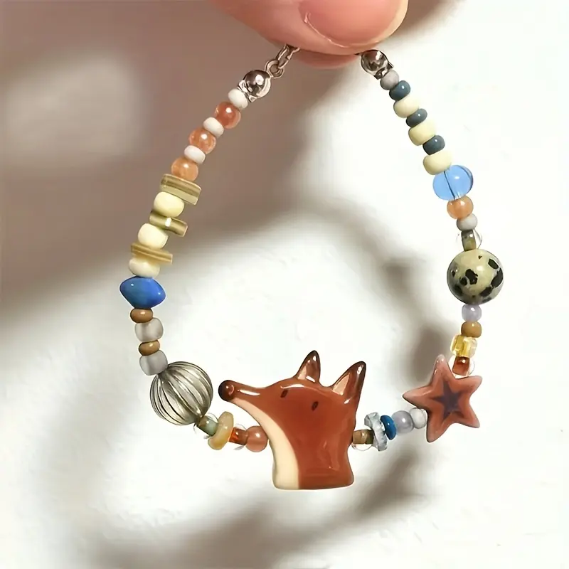 Cute Cartoons Fox Bracelet for Women, Mixed-Color Natural Stone Beads, Animal Charm for Daily Wear