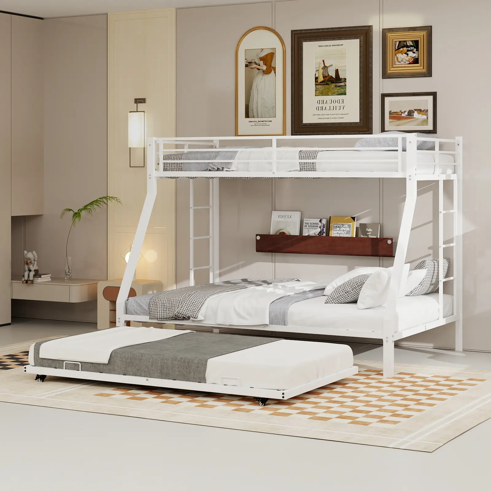 Metal Triple Bunk Bed Twin XL Over Queen with Pull Out Twin Trundle White Steel Frame Space Saving for Large Families Guest Rooms Kids Bedroom Dormitory Furniture, Bedroom Furniture for Bedroom, Guest Room, Kids Room, Teen Room