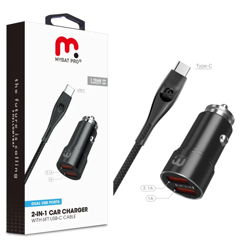 MyBat Pro 2-in-1 Car Charger - 6ft USB-C Cable Included, Black Finish, Vehicle Charging Solution for Phones & Electronics, Includes Cable
