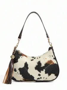 Cow Print Hobo Bag - Vintage Leather Shoulder Bag with Tassel - Versatile & Elegant Daily Tote