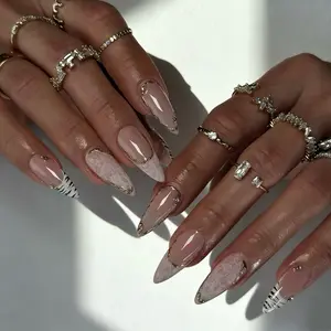 SHEDARES Glam Lace – Luxury Handmade Press-On Nails with Nude Sheer Base, Lace Details & Gold Metallic Accents – Ideal for Weddings, Bridal Sets & Soft Glam Moments