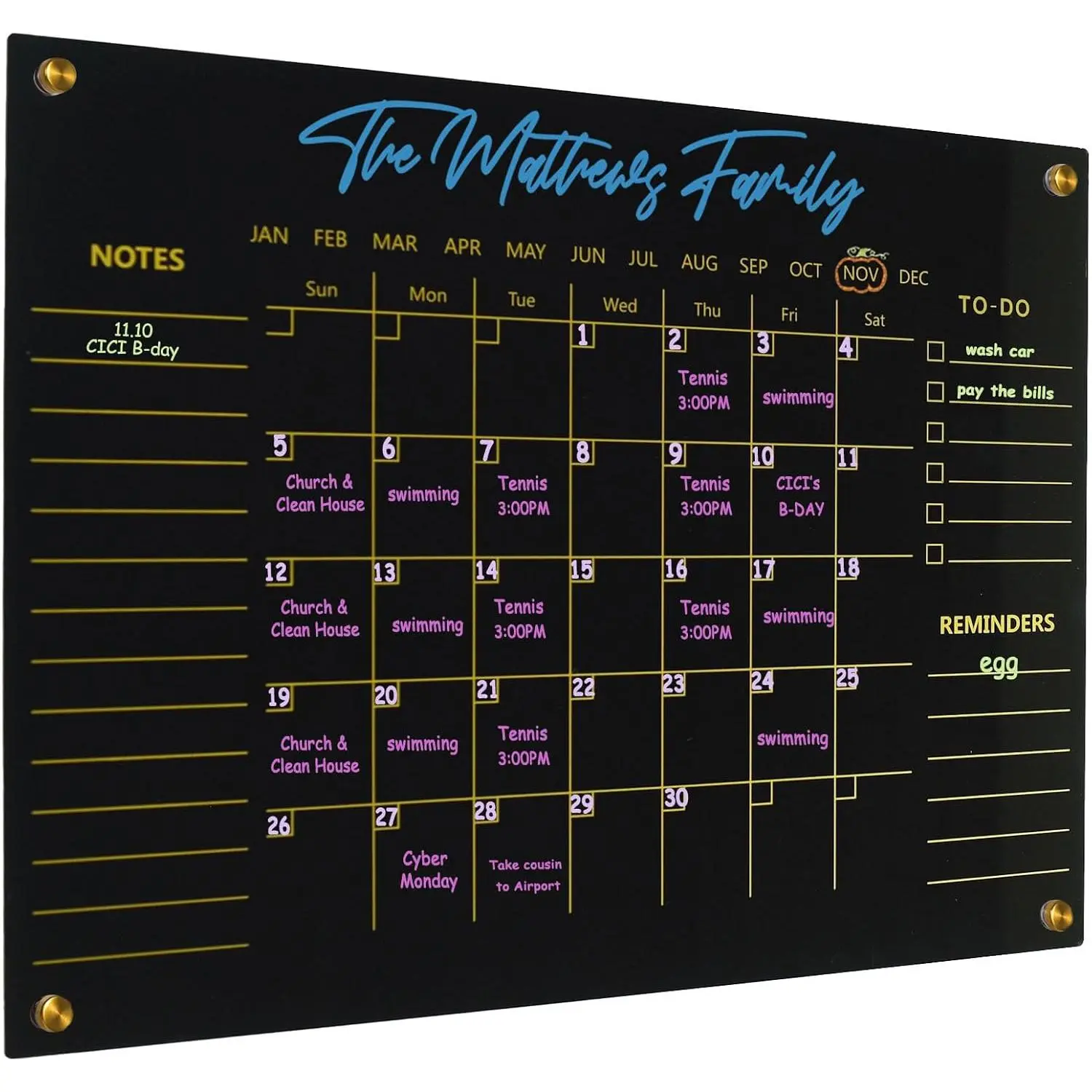 Black  Calendar Dry Erase for Wall, Family Planner, Monthly Calendar Dry Erase Whiteboard for , Office, 17" x 13" White Board(-BK-3343)